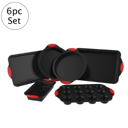 Hastings Home 6-piece Bakeware Set, Nonstick Cookie Sheet, Roasting, Loaf, Cupcake, Cake Pans with Silicone Grip 554464CAO
